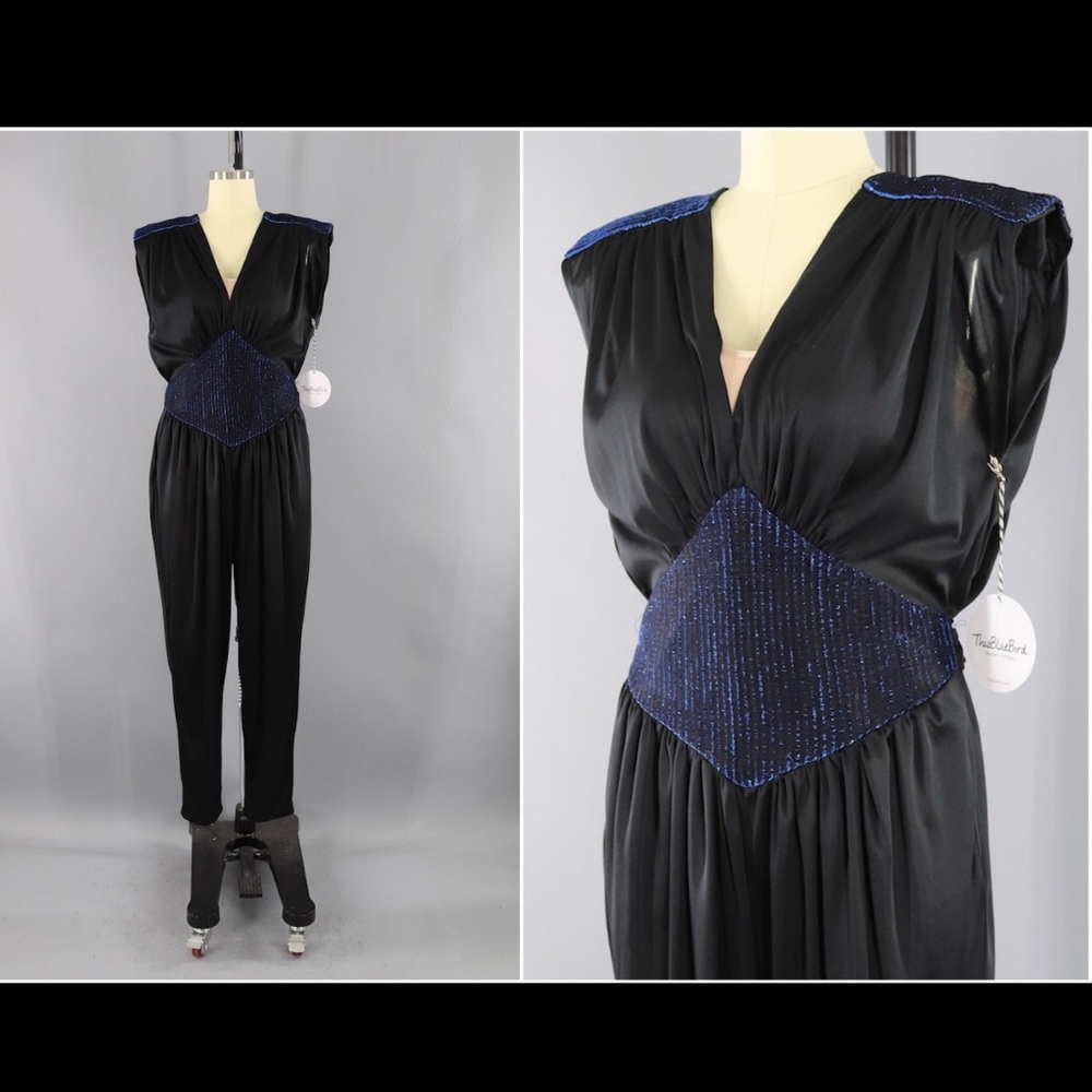 Vintage Jumpsuit, Disco Romper, Black Metallic Blue, Kings Row, Playsuit, 1980s